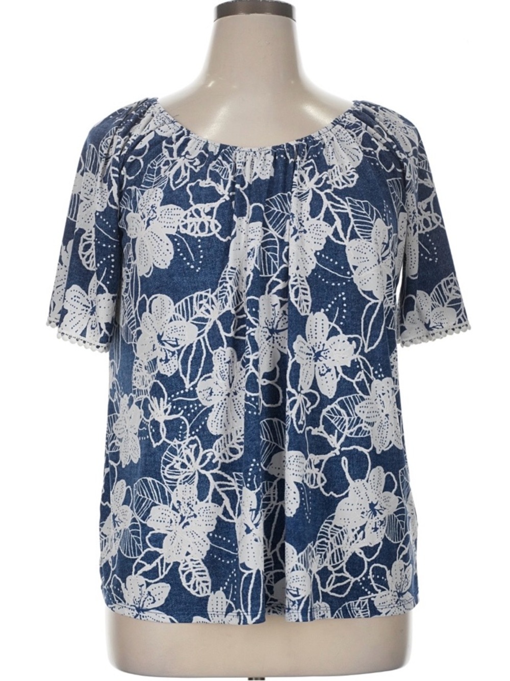 Womens Navy Blue Floral Peasant Top